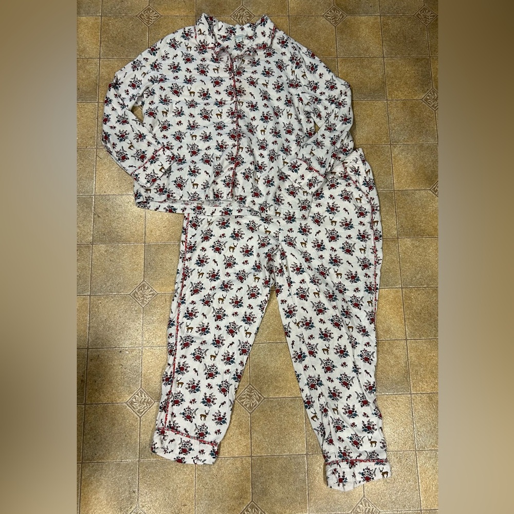 Sundance Catalog Gretel Pajama Set Size XL Floral Red Deer Birds Flannel